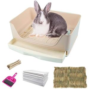 kathson Large Rabbit Litter Box with Drawer, Potty Trainer Corner Toilet Bigger Pet Pan Bunny Litter Box Tray with Grass Mat for Adult Guinea Pigs, Chinchilla, Hamster Ferret (Brown)