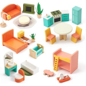 Giant bean 26 Pcs Large Wooden Dollhouse Furniture 5 Set for Kitchen, Living Room, Bedroom, Bathroom, Babyroom, Candy Dollhouse Accessories & Furniture Toy for Girls Boys Kids 3+