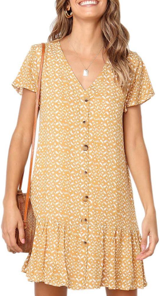 Imysty Womens Polka Dot V Neck Button Down Ruffles Loose Mini Short T-Shirt Dress, Medium