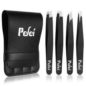 Pefei Tweezers Set - Professional Stainless Steel Tweezers for Eyebrows - Great Precision for Facial Hair, Splinter and Ingrown Hair Removal (Black), Set of 2