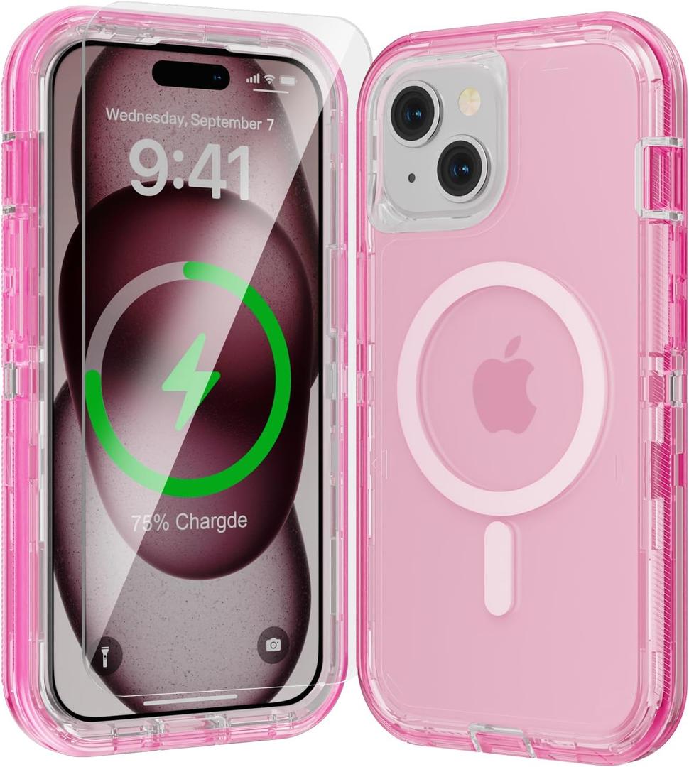for iPhone 14 Plus Case, Fits Magsafe,Heavy Duty Shockproof Protection Phone Cases with Screen Protector*1, Magnetic Transparent Protective Cover for iPhone 14 Plus 6.7 '', Pink