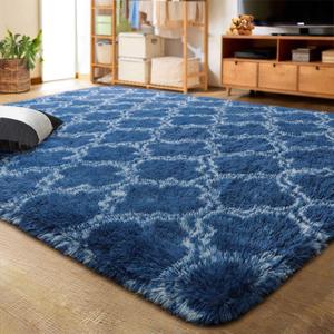 LOCHAS Luxury Shag Area Rug 4x6 Feet Geometric Plush Fluffy Rugs, Extra Soft Carpet Runner Rugs for Bedroom Living Room Dorm Kids, High Pile Shaggy Floor Rug Decor, Light Navy/White