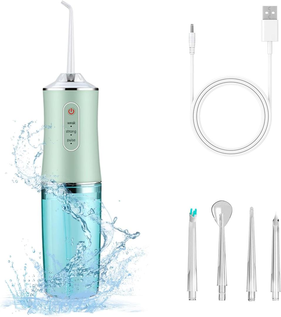 Electric Water Flosser Cordless for Teeth 3 Modes 4 Jet Tips Cleaning and Flossing Water Dental Portable Floss Irrigator Oral Water Flossed Rechargeable Tonsil Stone Travel Adults (Green)