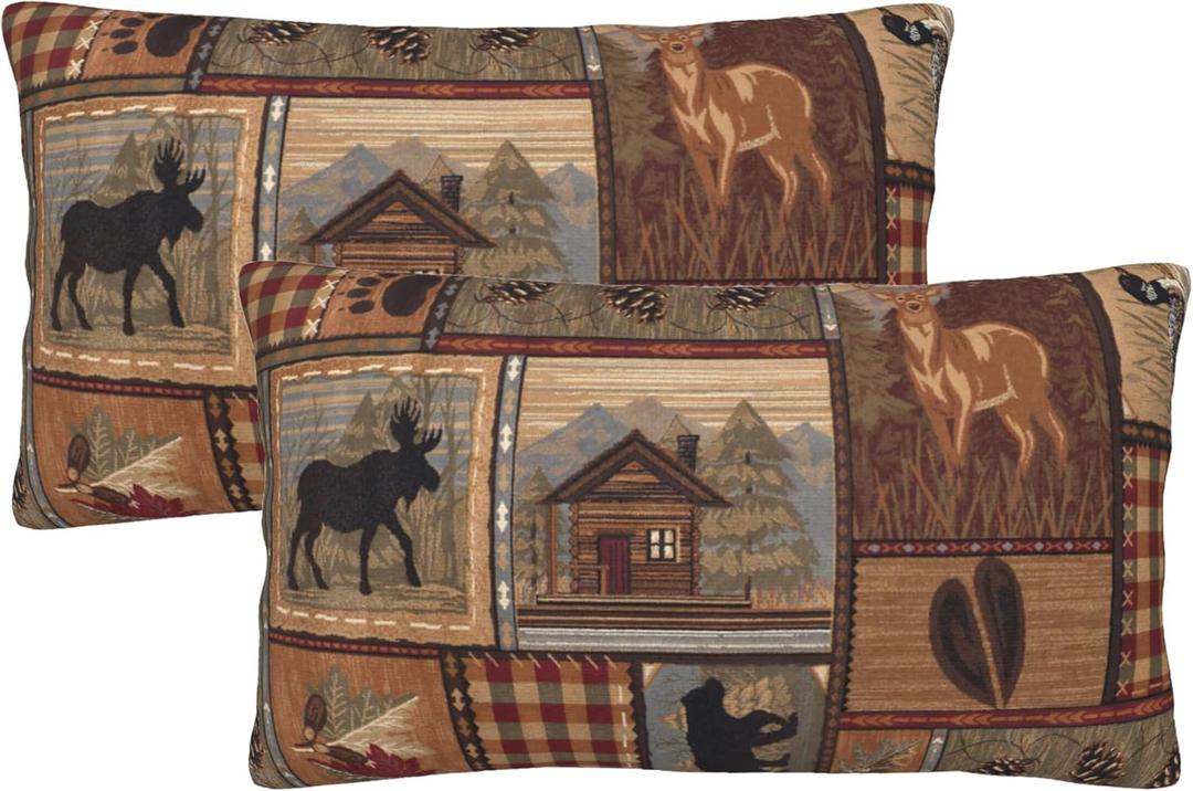 Set of 2 Rectangle 12x20 inch Retro Brown Throw Pillowcovers Rustic Lodge Bear Moose Decorative Throw Pillowcase for Home Sofa Soft Velvet Cushion Cases (30x50 cm) House Cabin Deer