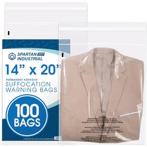 Spartan Industrial - 14 X 20 (100 Count) Self Seal Clear Poly Bags with Suffocation Warning for Packaging, Clothes & Shipping - Permanent Adhesive