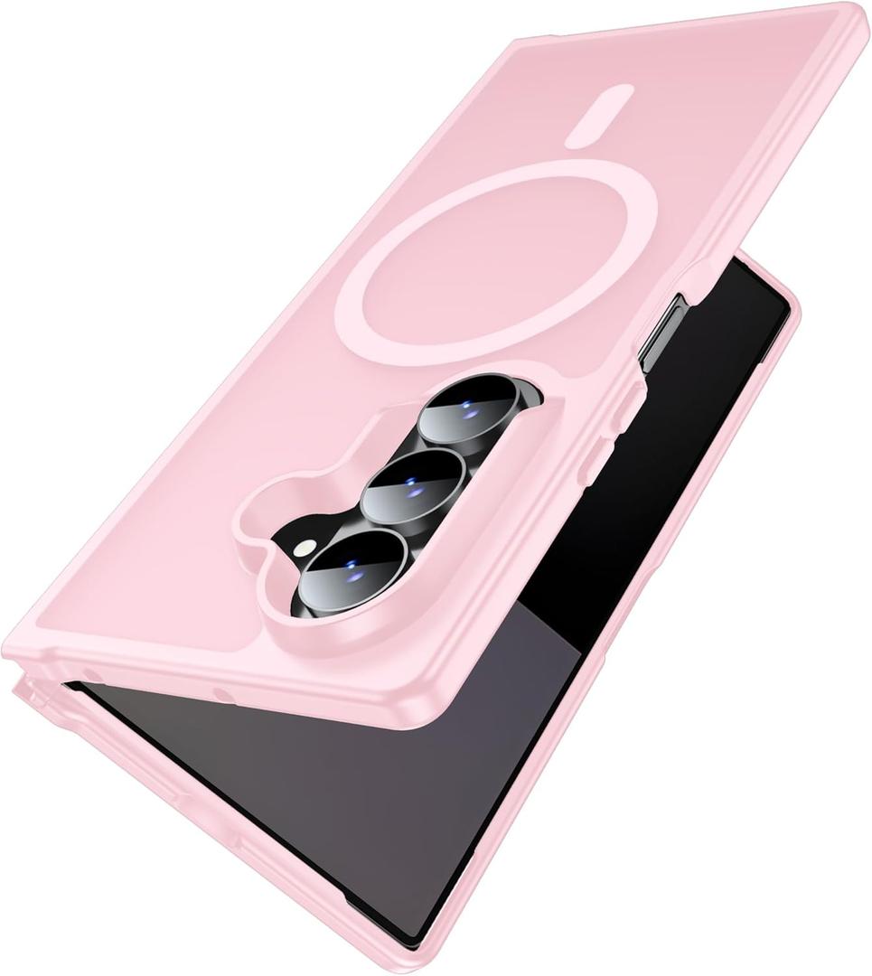 MAKAVO Magnetic for Samsung Galaxy Z Fold 7 Case [Compatible with MagSafe] Slim Translucent Matte Hard Back Cover & Soft Bumper, Fold7 Silicone Shockproof Phone Case, Pink