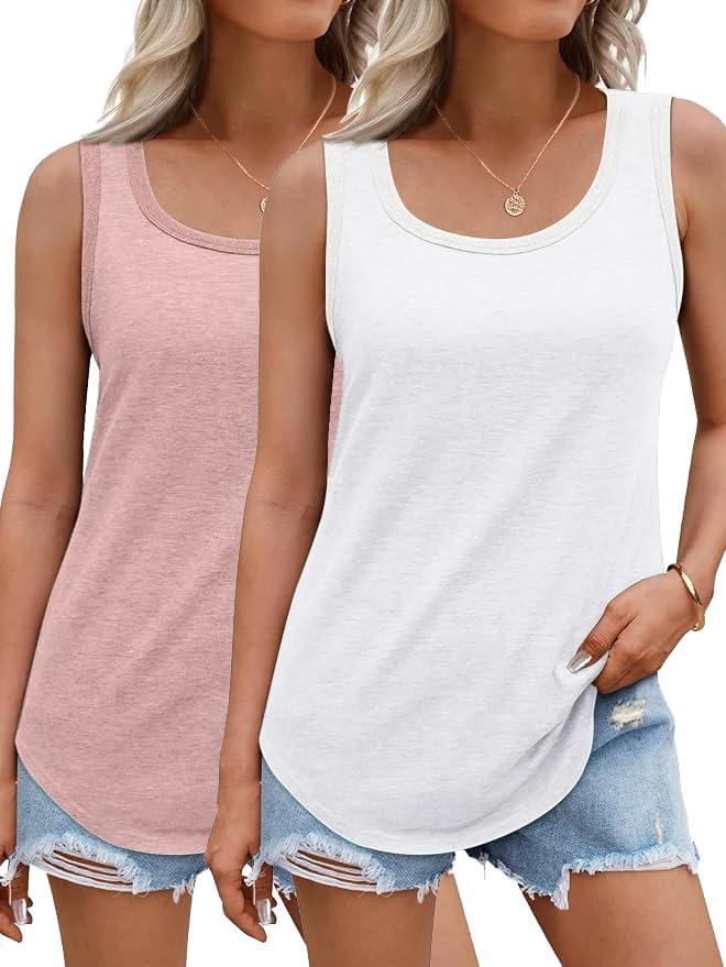 Womens Tank Tops 2 Pack Summer 2025 Basic T-Shirts Crew Neck Loose Fit Cami Shirts Sleeveless Outfits (Pink, L)