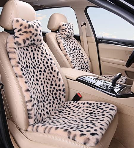 Fluffy Leopard Seat Covers for Cars Front Seat Covers Carseat Front Two Seat Protectors with 2 Neck Pillows for Truck SUV Auto-Beige Leopard Front-6 PCS