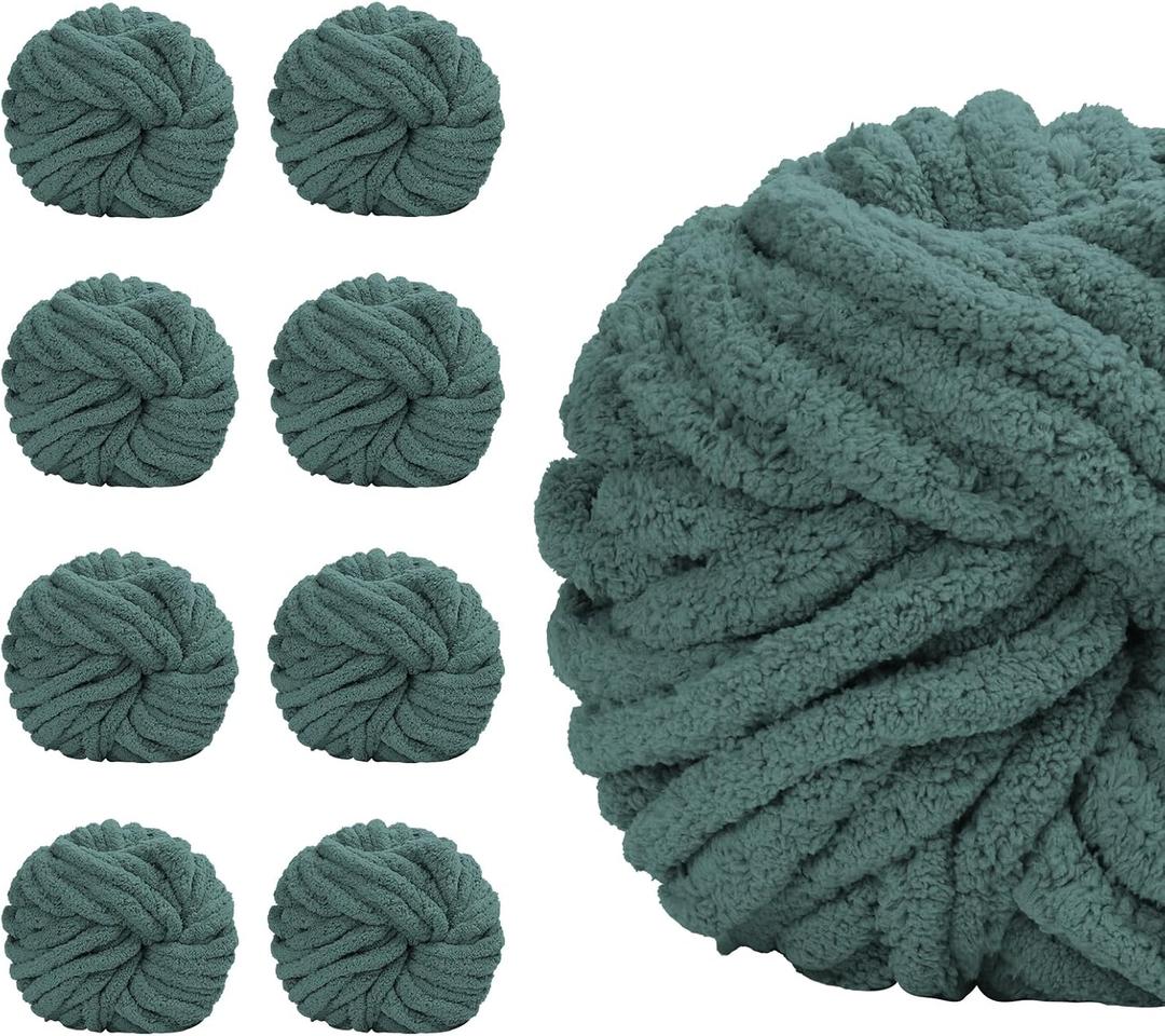 SUNTQ 8 Pack Chunky Chenille Yarn for Crocheting, Bulky Thick Fluffy Yarn for Hand Knitting Blank0et, Soft Plush Knitting Yarn for Cushions, Pet Bed,Home Decor, Sage Green(32 yds,8.8 oz Each Skein)