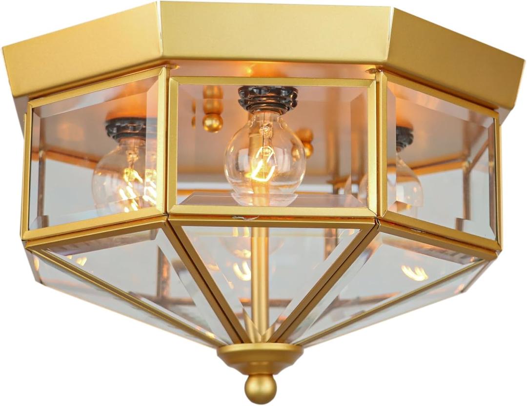 Flush Mount Outdoor Ceiling Light Fixture, 4 Light Exterior Porch Ceiling Lights with Clear Glass, Gold Farmhouse Lighting for Indoor Hallway Kitchen Stairway