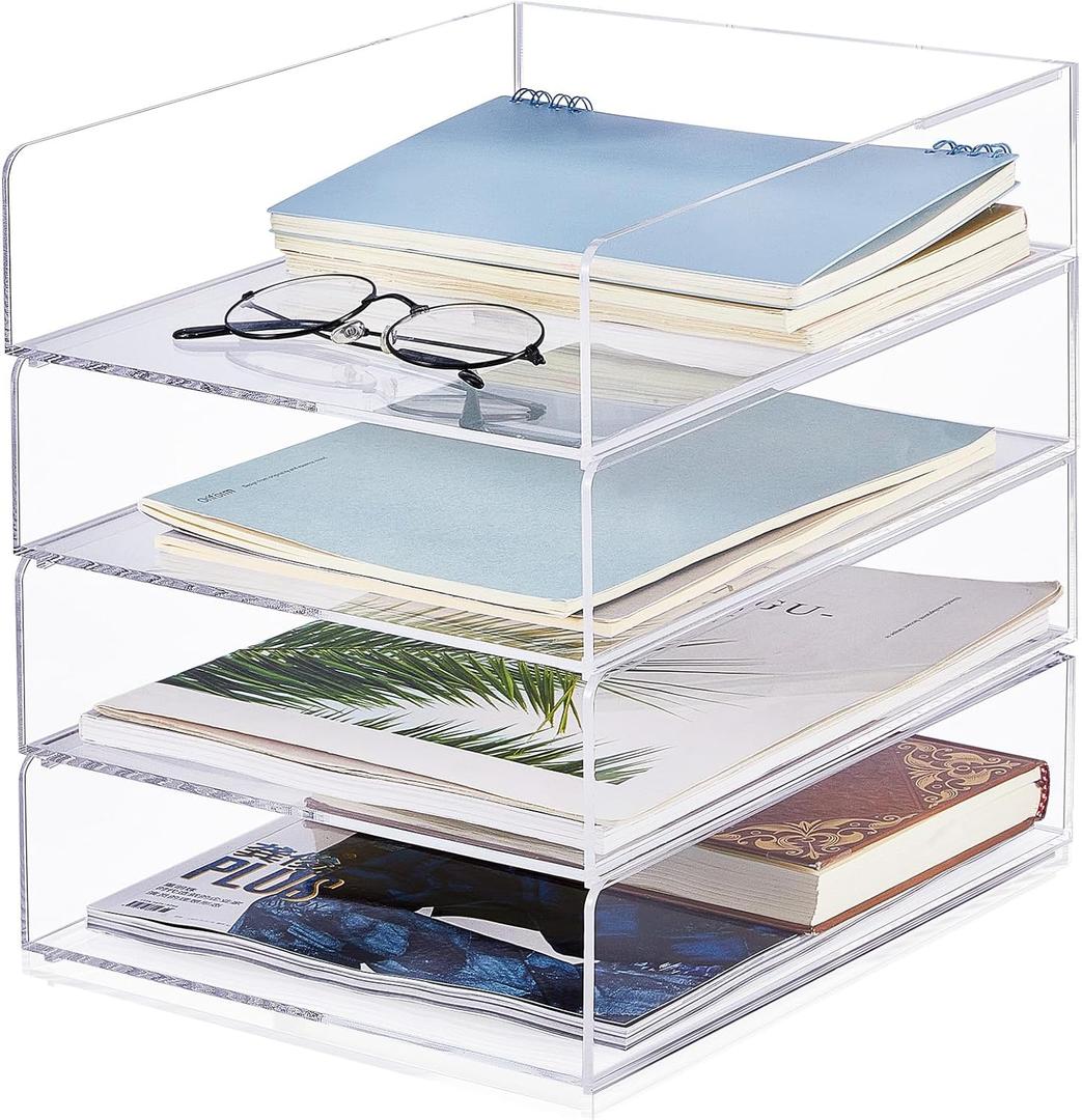 Harloon 4 Tier Paper Organizer Letter Tray Acrylic Desk File Organizer Stackable Documents Letter Clear Paper Holder Sorter Office Tray for A4, Modern Office Classroom Home File Pad Books Notes (12 x 9.3 x 2.7 Inches, Transparent)