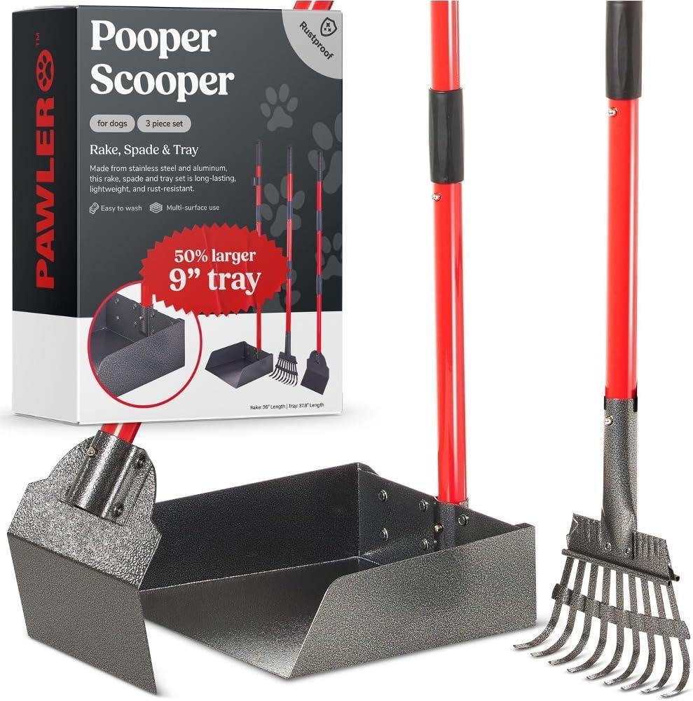 Pawler Pooper Scooper for Large Dogs, Small Dogs and Horses, Metal Poop Scooper Set with Long Handle Rake, Spade and Tray for Yard, Grass, Dirt or Gravel, Heavy Duty Aluminum Poop Picker Upper
