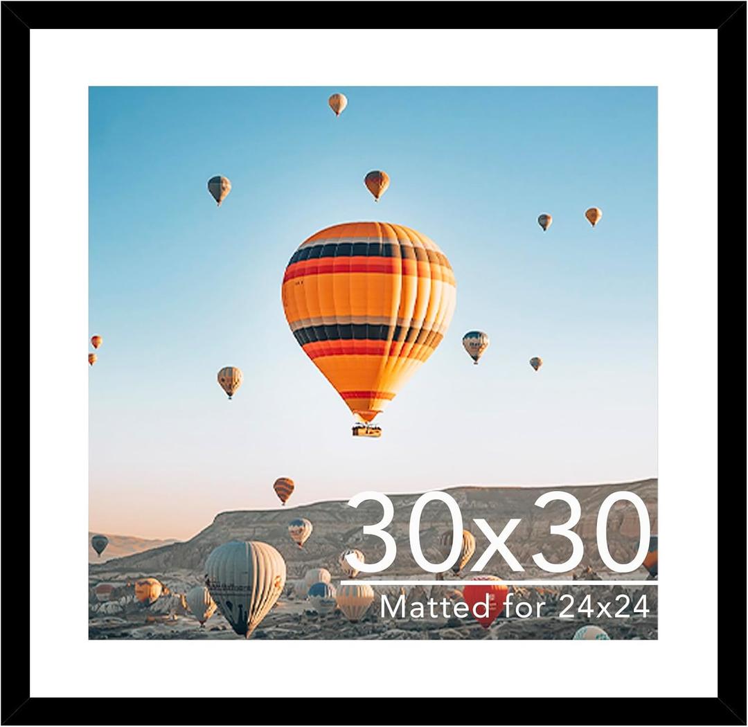 30x30 Picture Frame Black with 24x24 Mat, Display Photo 24x24 with Mat or 30 x 30 Without Mat, Wall Hanging Large 30x30 Poster Frame with Shatter Resistant Plexiglass, Black