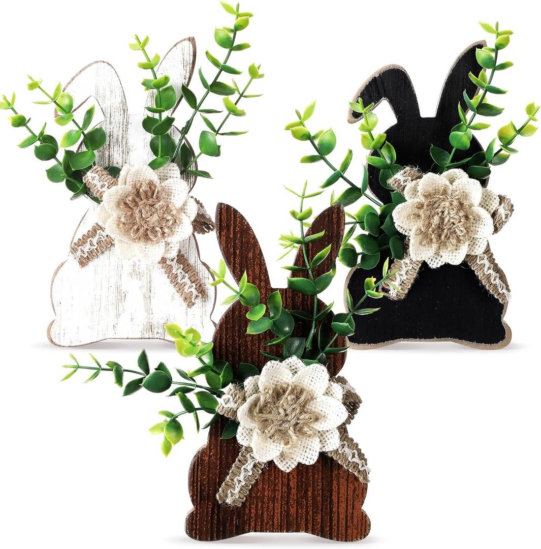 Yousoontic 3 Pcs Easter Table Decorations Farmhouse Bunny Decor for Home Wooden Tiered Tray Decor Table Centerpiece Rustic Spring Easter Bunny Decors Sign with Flower for Tabletop Mantel(Front)