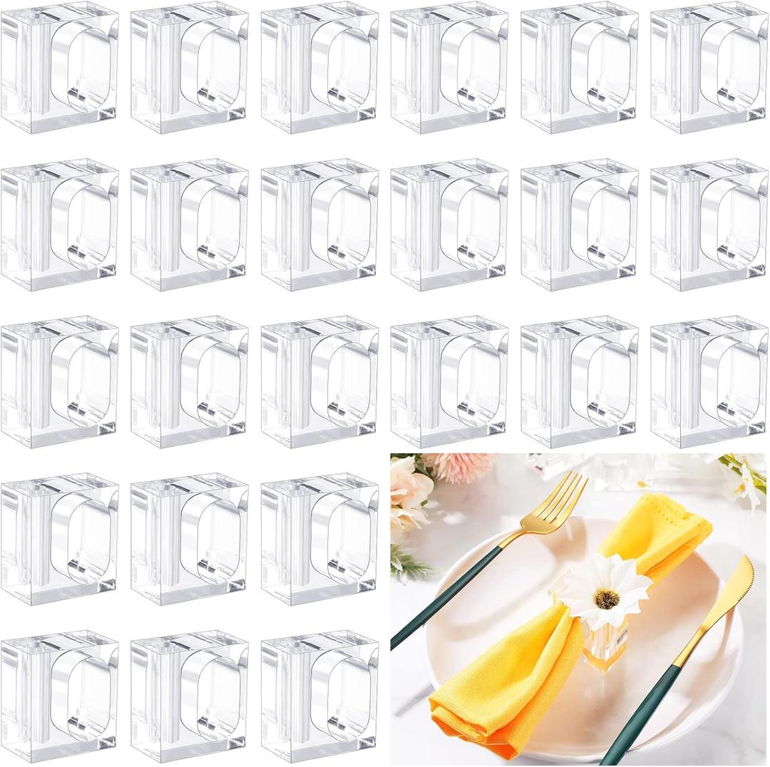 Meanplan 24 Pcs Flower Napkin Rings Clear Acrylic Napkin Holder Rings Bulk Square Flower Bud Vase Combo for Wedding, Birthday Banquet Table Decor, 1.77 x 1.97 Inch