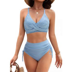 BMJL High Waisted Bikini Sets for Women Bathing Suits Tummy Control Plush Embroidery Two Piece Sets Push Up Swim Suits (X-Large, Light Blue)