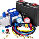 VEVOR Vacuum Pump 4.8CFM 1/4 HP Single Stage HVAC A/C Refrigeration Kit 5PA Ultimate Vacuum Manifold Gauge Set R12 R404A R410A R134A R22 HVAC AC, Manifold Gauge and Hose for Air Conditioning Systems