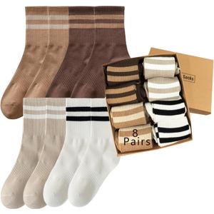 Womens Vintage Cotton Cozy Crew Socks,Striped Athletic Casual Socks for Women 8 Pairs,Gifts Box