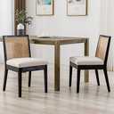 BESTANO Farmhouse Rattan Dining Chairs Set of 2 Black Wooden Dining Room Chairs Rectangle Cane Country Kitchen Chairs Upholstered Dining Chairs, Cream Linen