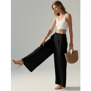 LOMON Linen Pants Women Wide Leg Palazzo Summer Flowy Pants Beach Vacation Clothes Elastic Waist Travel Trousers with Pockets XL
