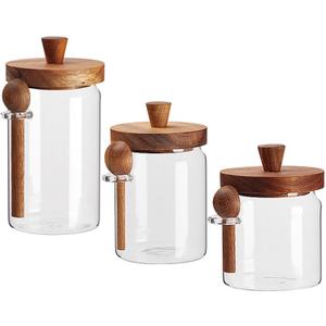 Coriario Glass Jar with Lid and Spoon 13&20&24 OZ Coffee Tea Sugar Canister Set of 3 Clear Glass Candy Jars Wooden Lids Wide Mouth Glass Coffee Storage Canister for Food Kitchen