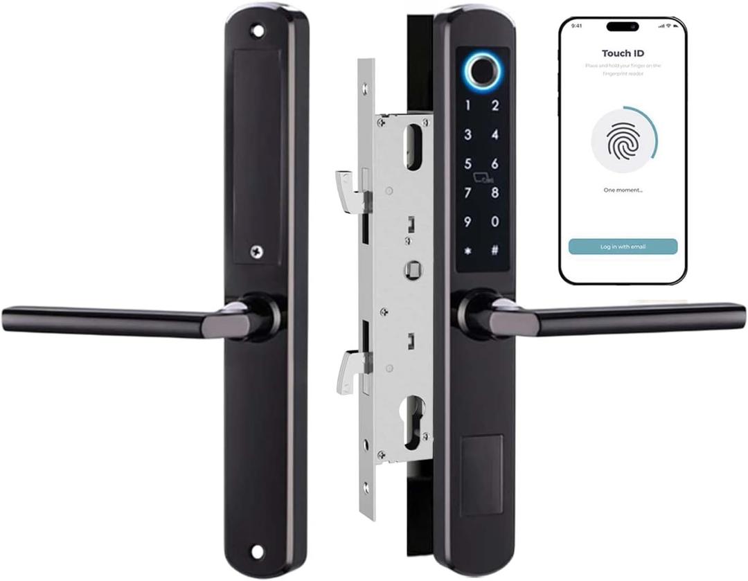Smart Sliding Door Lock with Fingerprint, Password, IC Card, Mechanical Key & WiFi Tuya App Control | Keypad, Hook Mortise + Doorbell | Auto-Lock | Easy Install (Black)