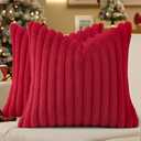 decorUhome Cozy Faux Fur Spring Throw Pillow Covers 16x16 Set of 2 Decorative Soft Plush Striped Modern Farmhouse Boho Couch Pillow Cases with Velvet Back for Sofa Bed Living Room, Red