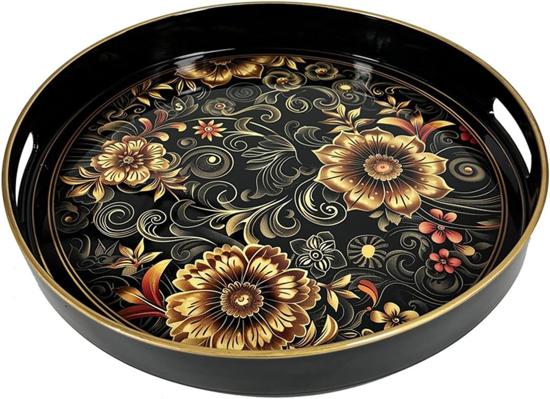 Plastic Coffee Trays,Serving Tray,Bohemian Round Tray,13" Dx 1.57" H,Lightweight and Non-Slip with Handles,Perfect for Restaurants,Cafs,and Home Use (Round)