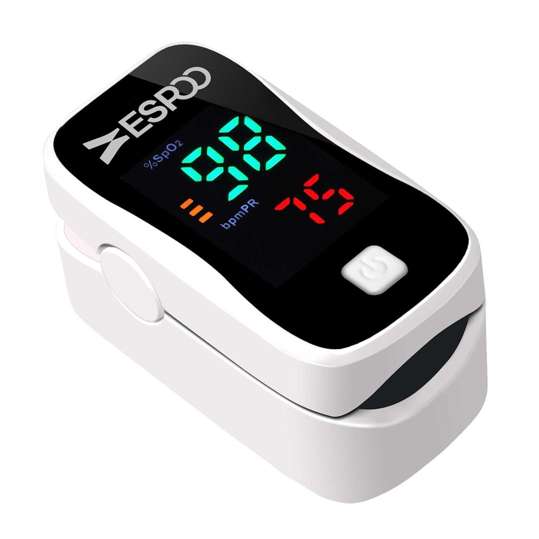 ESPOO Fingertip Pulse Oximeter, Blood Oxygen Saturation Monitor (SpO2) & Pulse Rate Monitor with LED Display, Portable Oxygen Monitor, Includes Batteries & Lanyard (White&Black)