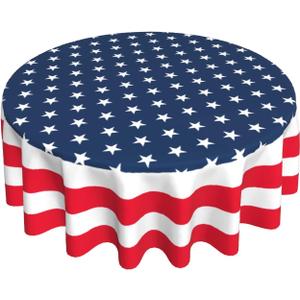 Patriotic Tablecloth Round 60 Inch 4th of July Table Cloth Washable Spillproof Wrinkle Free Blue Red White Independence Day Holiday Fabric Table Cover for Indoor Outdoor Kitchen Dinning Round Tables