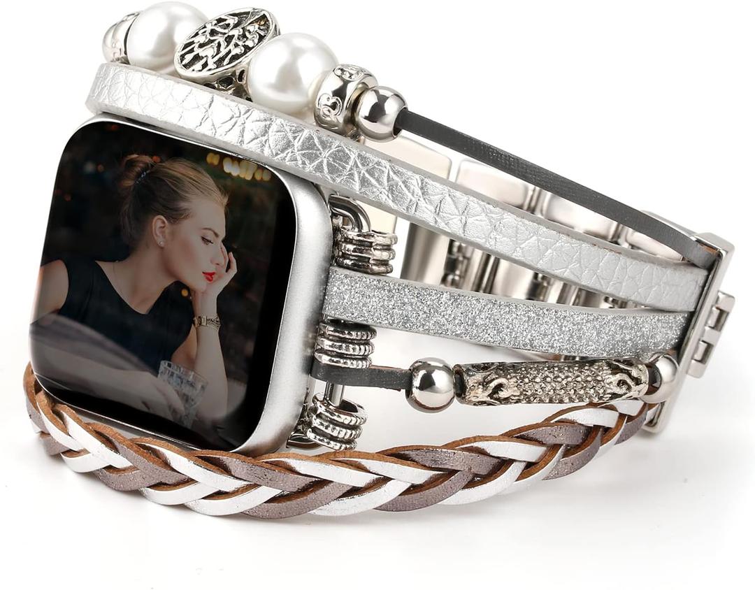 Boho Leather Bracelet Compatible with Apple Watch Bands for Women Men 38mm 40mm 41mm 42mm 44mm 45mm 46mm 49mm - Multilayer Wrap Dressy Apple Watch Strap for Cute Iwatch Band Series 11 10 9 8 7 6 5 4 SE 3 Ultra 3 2 1 (silver)