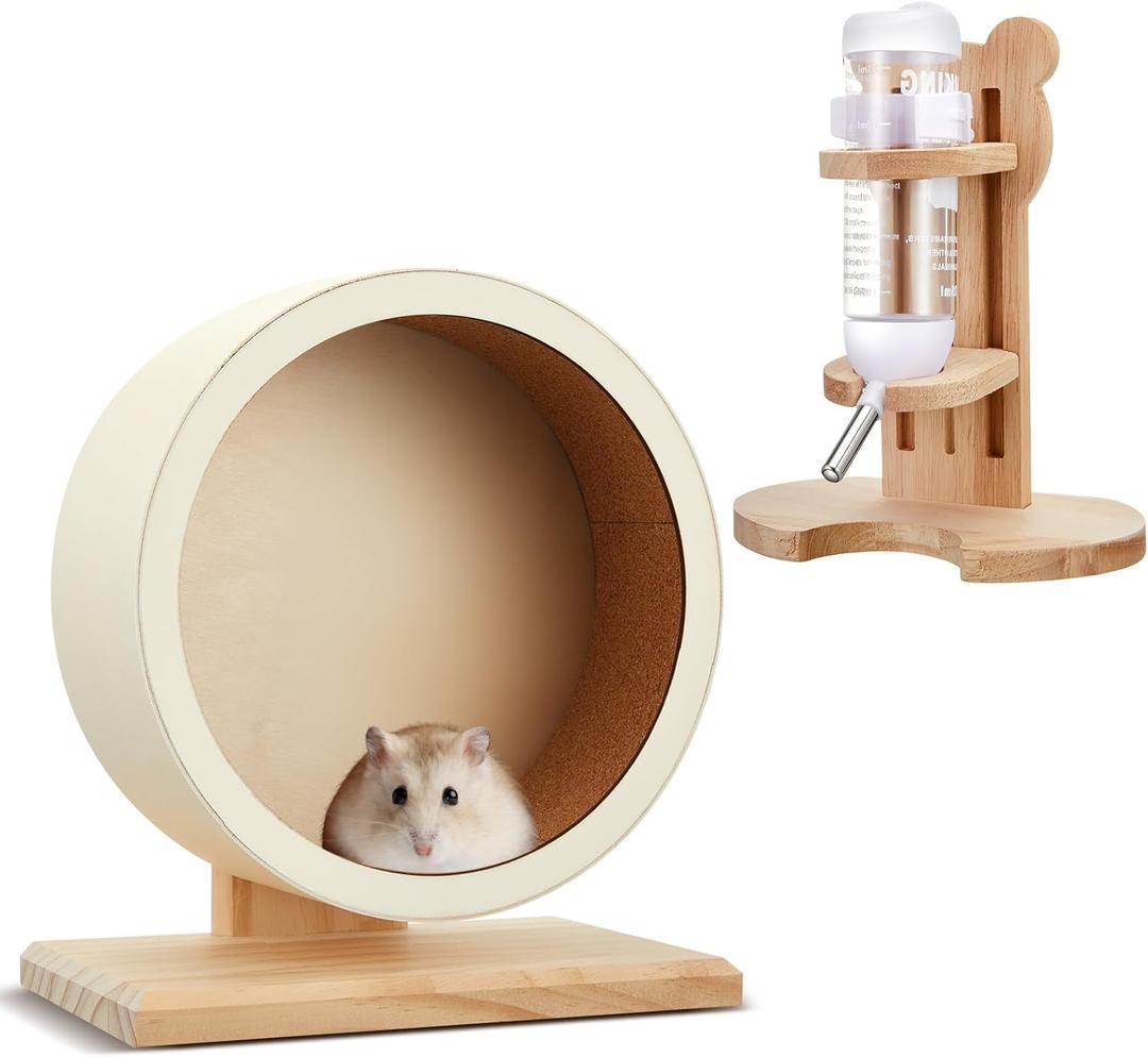 Sonwyoung 2 Pcs S, 7.9 Inch Wooden Hamster Wheels and Wood Hamster Water Bottle Set Guinea Pig Running Silent Exercise Wheels Small Animal Water Dispenser Stand Holder for Guinea Pig Gerbil
