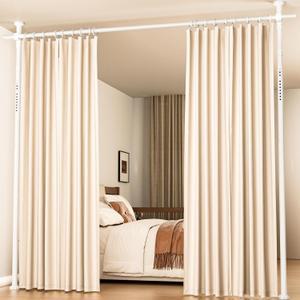 Room Divider No Drilling Curtain Rod Wall Divider for Room Separation, 4-10ft(H) 28-70inch(W) Adjustable,Heavy Duty Floor to Ceiling Portable Hanging Wall Divider for Space Partitions,White