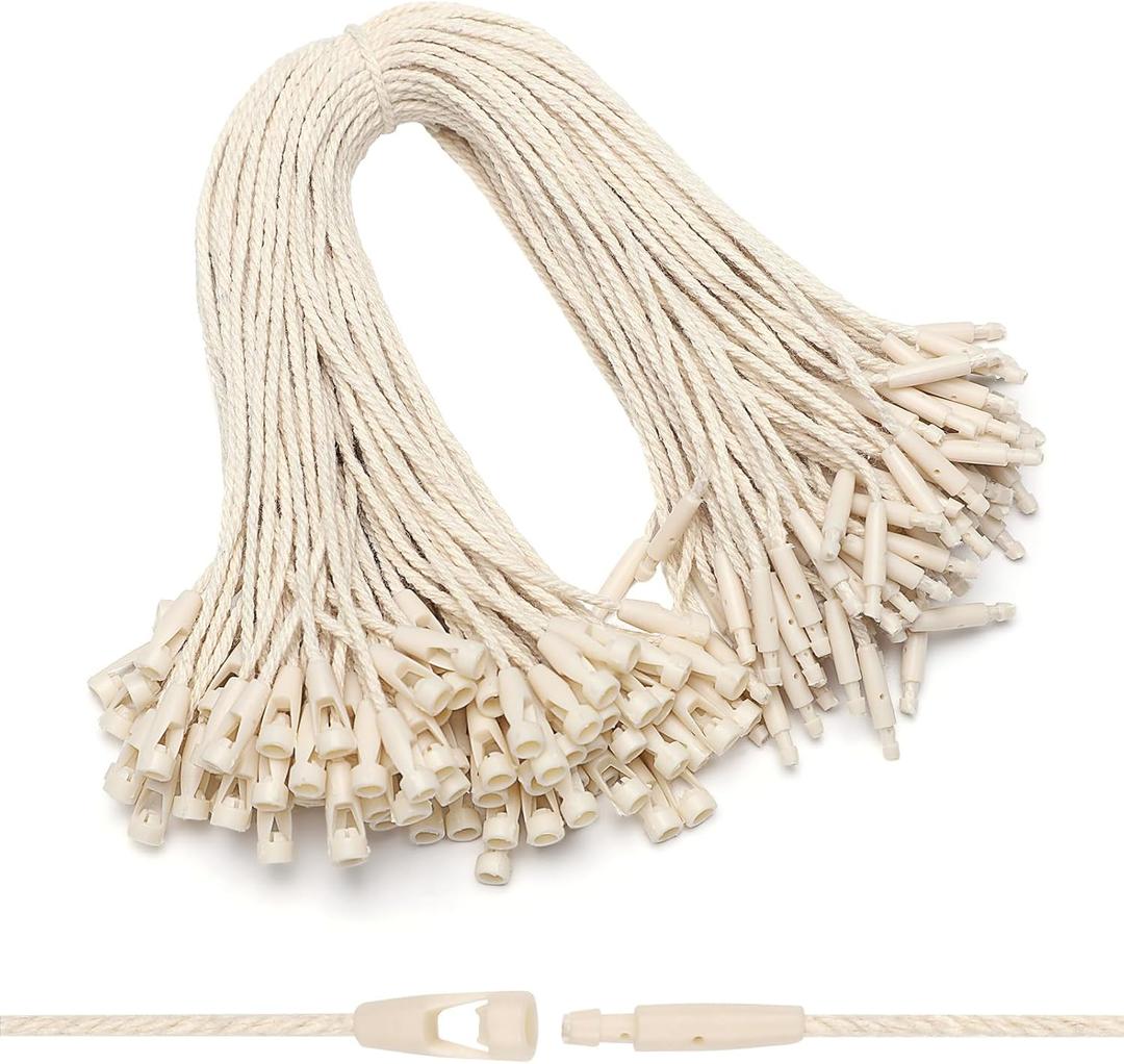 EUSOAR Hang Tag String, 7.9" 100Pcs Cotton Clothes Price Hanging Tag Rope Snap Lock Pin Loop Plastic Fasteners Tags Hook Ties Fast to Attach for Bags Shoes Luggage Label-Beige