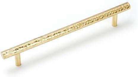 KOPPALIVE 6-Pack Solid Brass Kitchen Cabinet Pulls, Gold Modern T-Bar Handles, 6-5/16-Inch Hole Center Hammered Handles for Dresser Drawer Cupboard, 8-1/8 Inch Total Length, Polished Finish