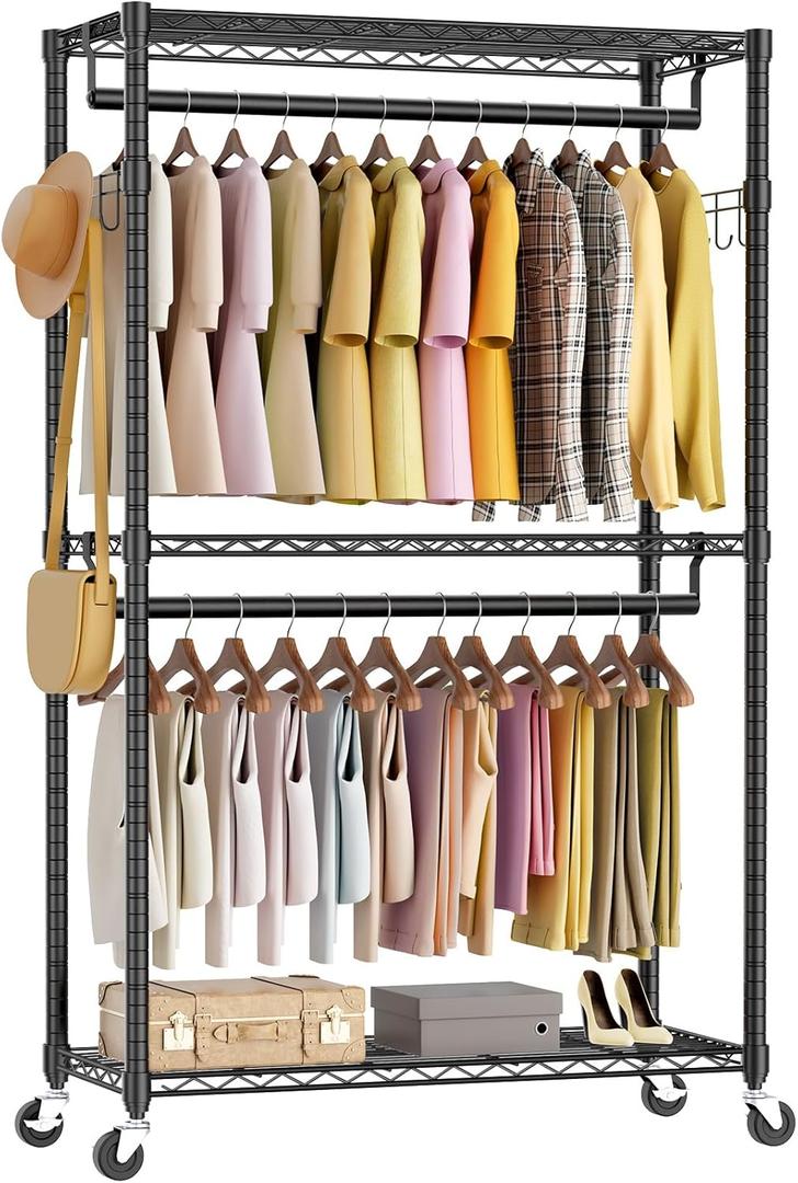 OLIXIS Clothes Rack Heavy Duty Adjustable Garment Clothing Rack with Wheels, Rolling Metal Freestanding Closet Organizer for Hanging Clothes with 2 Side Hooks, Double Rod, 17.7" D x 47.2" W x 80.3" H