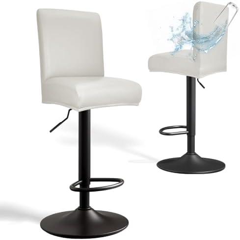 PU Leather Bar Stool Covers with Backs, 2 Pack Stretch Waterproof Bar Stool Chair Covers Washable & Comfortable Barstool Covers Slipcovers with Back for Pub/Counter/Dining Room Decoration (Cream)