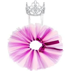 2 Pcs Dog Crown Headband Dog Tutu Dress Set Crystal Rhinestone Tiara Crown Tutu Skirt Pet Dress Costume for Puppy Birthday Party Wedding Photo Prop Costume(X-Large,Pink Purple)