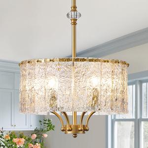 Gold Glass Light Fixture 18in Gold Drum Chandelier 6-Light Crystal Glass Ceiling Pendant Light Fixture with Adjustable Chain for Kichen Island Dining Room Bedroom
