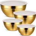 Giantree 4 Pcs Gold Mixing Bowls with Airtight Lids, Stainless Steel Mixing Bowls Metal Nesting Organizers for Kitchen Mixings Prepping Storing Serving Food, Non-slip Bottom Size 5.5, 3.6, 2.7, 2.1Qt