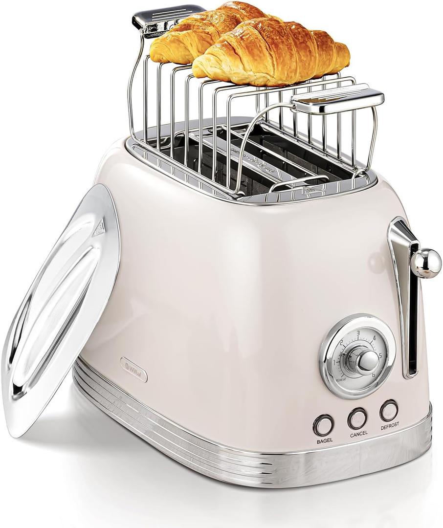 Wiltal Beige Cute Retro Toaster 2 Slice with 1.58" Wide Slots, Bread toaster with Cover and Warm Rack, Stainless Steel Toaster with Removable Crumb Tray, Preheat, Defrost, Cancel Function (Cream)