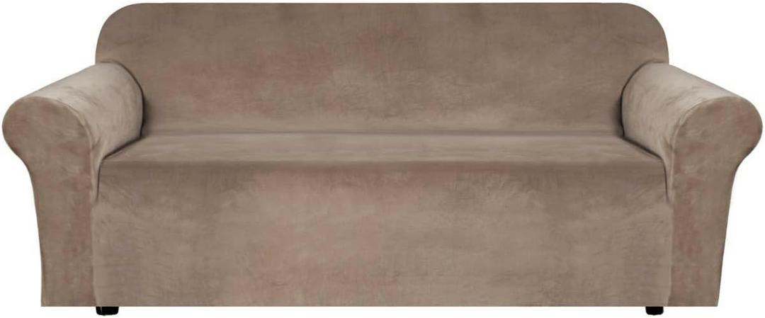 H.VERSAILTEX Stretch Velvet Sofa Covers for 3 Cushion Couch Covers Furniture Protector Soft with Non Slip Elastic Bottom, Crafted from Thick Comfy Rich Velour (Large Sofa 90"-97", Camel)
