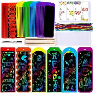 Winlyn 48 Sets 6 Styles Magic Color Scratch Bookmarks Craft Kits Rainbow Scratch Paper Art Sets for Kids Students Party Favors DIY Bookmarks Bulk with Scratching Tools Ribbons for Classroom Activities
