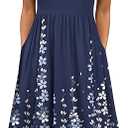 HOTOUCH Women's Summer Short Sleeve A-Line Midi Dresses Casual Floral T-Shirt Dress Flowy Beach Sundress with Pockets XL Navy Blue Floral