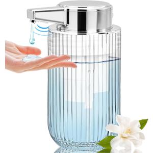 10 oz Automatic Touchless Glass Soap Dispenser, Rechargeable Hands Free Ribbed Liquid Soap Dispenser with Electric Sensor Pump, Refillable Soap Bottle for Bathroom Kitchen Dish Countertop (Clear)