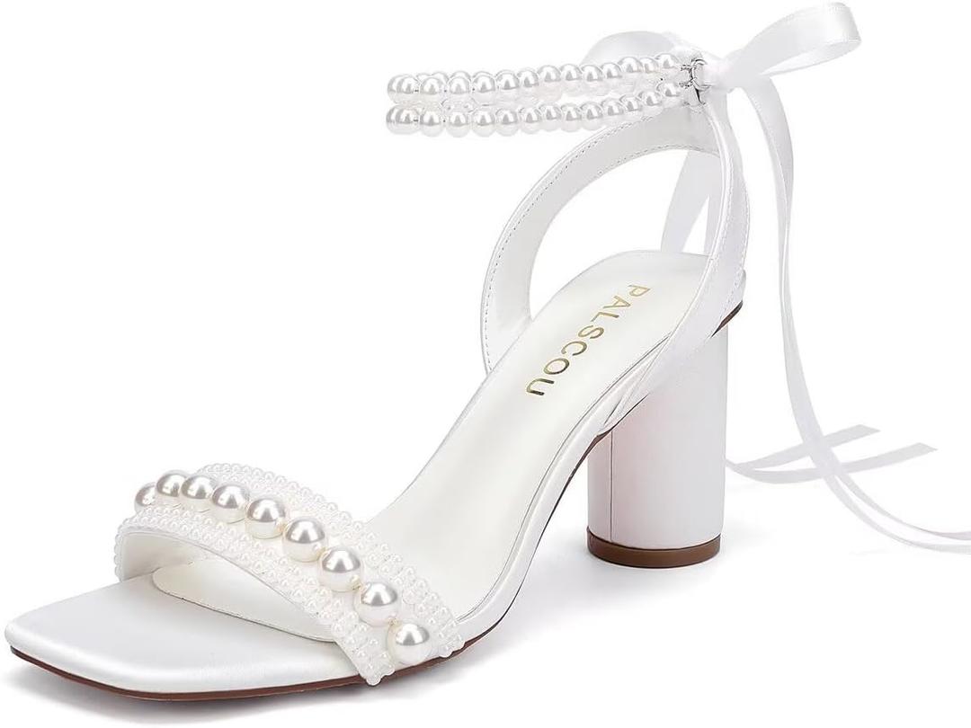 Block Heel Wedding Sandals Pearl Heels Wedding Shoes for Bride Open Toe Bridal Shoes (6, White)