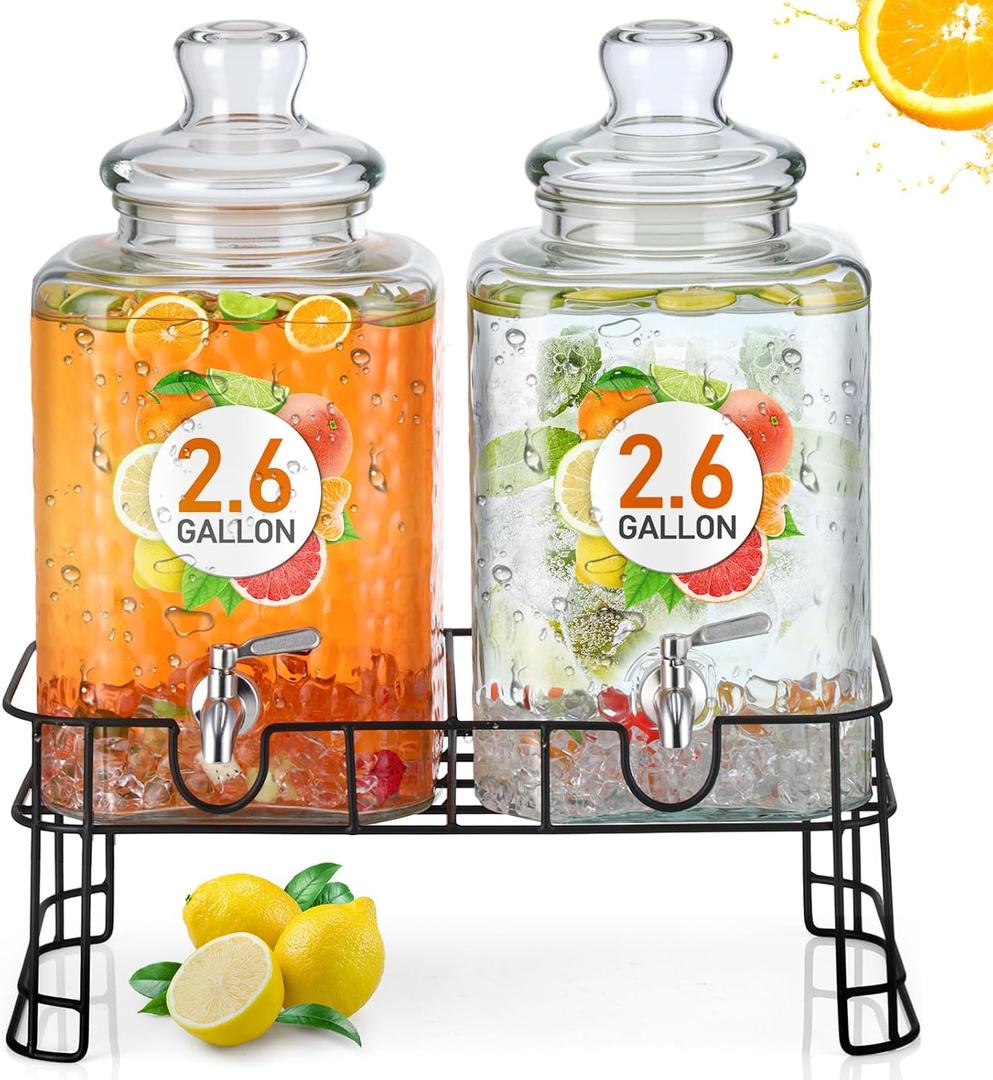 Honeydak 2.6 Gallon Glass Beverage Dispenser with Stand Stainless Steel Spigot Glass Lid Leakproof Drink Dispenser Ice Drink Clear Lemonade Juice Jar for Party Wedding Kitchen (2 Pack)