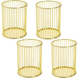 Yopay 4 Pack Gold Pencil Holder, Metal Pen Cup Makeup Brush Holder for Desk, Round Wire Mesh Desktop Organizer for Office School Home Vanity, Aesthetic Cylindrical Storage Organizer for Art Supplies
