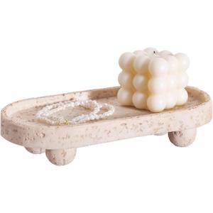 DN DECONATION Resin Decorative Tray with Legs, 4 Footed Coffee Table Trays Decor, Travertine Look Vanity Tray for Perfume Jewelry Bathroom Soap Kitchen Countertop Dresser, Oval 9.53x1.97in