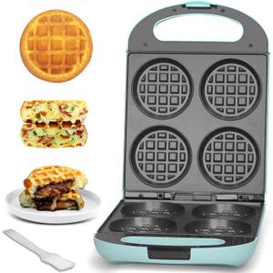 Baker's Friend Multi Stuffed Waffle Maker Thick, 4-Slice with 1.2'' Thick & 4'' Dia, Belgian Mini Waffle Maker Flip, Nonstick Breakfast Sandwich Maker, Stuffed Waffle Iron, Aqua